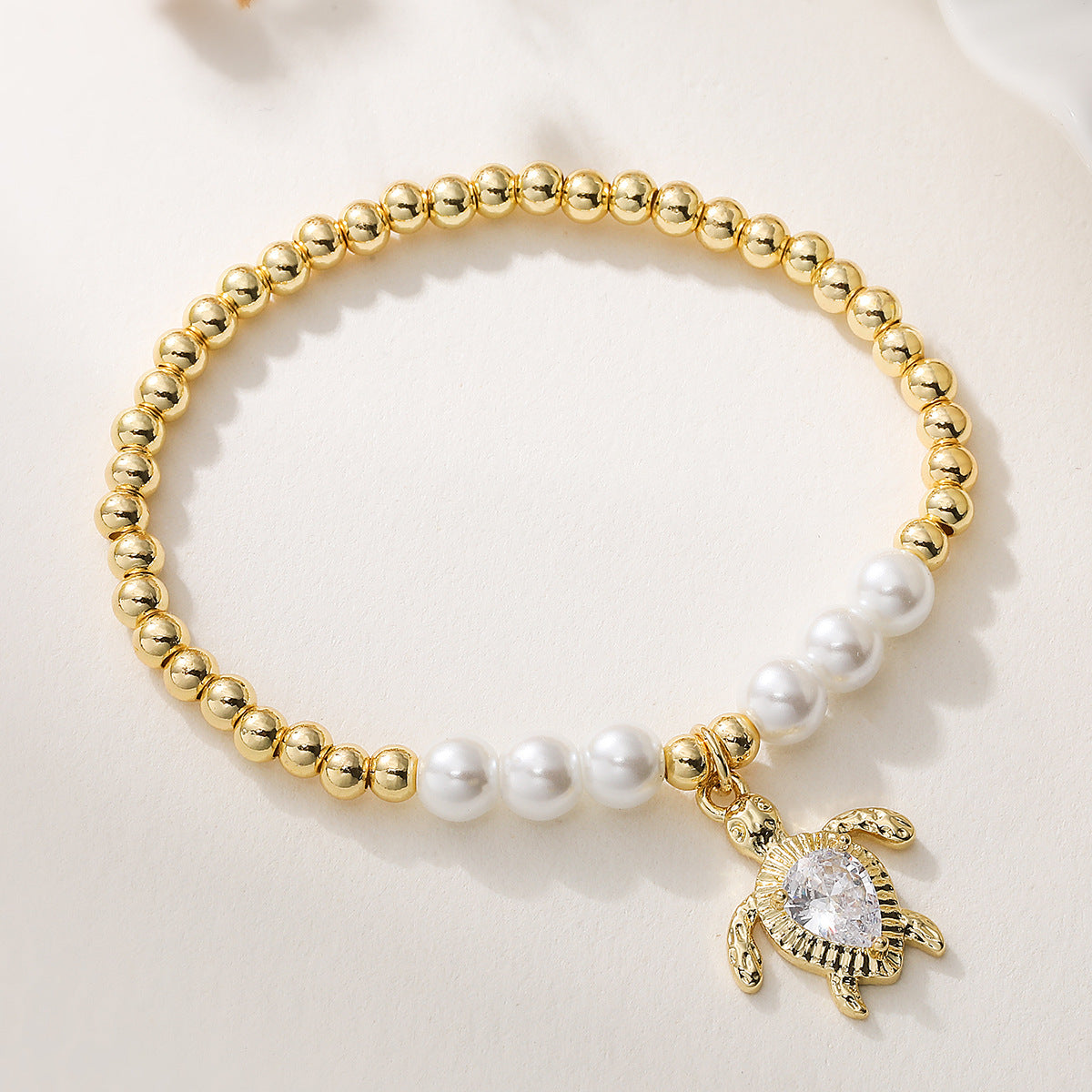 Fashion Beach Style Gold Plated Brass Geometric Turtle Tree Pendant Bracelet with Cubic Zirconia for Women