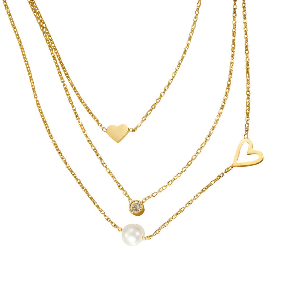 Collar de cadena triple para mujer de acero inoxidable chapado en oro de 18 quilates con corazón, perla y circonita, estilo minimalista y a la moda