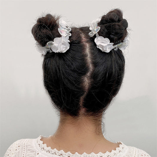Elastico per Capelli a Fiocco "Sweet Style" in Tessuto con Ricamo Floreale Bianco 3D e Dettagli Perlati per Bambini