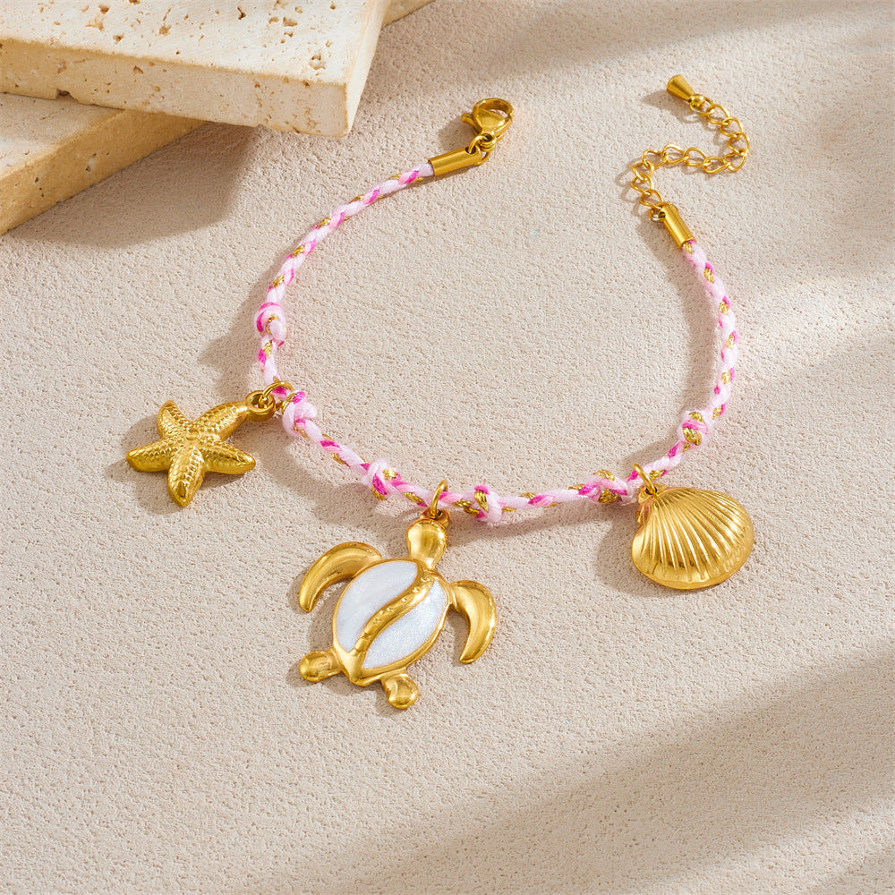 Bohemian Vintage Gold Plated Stainless Steel Rope Chain Necklace and Bracelet Set with Animal Pendant