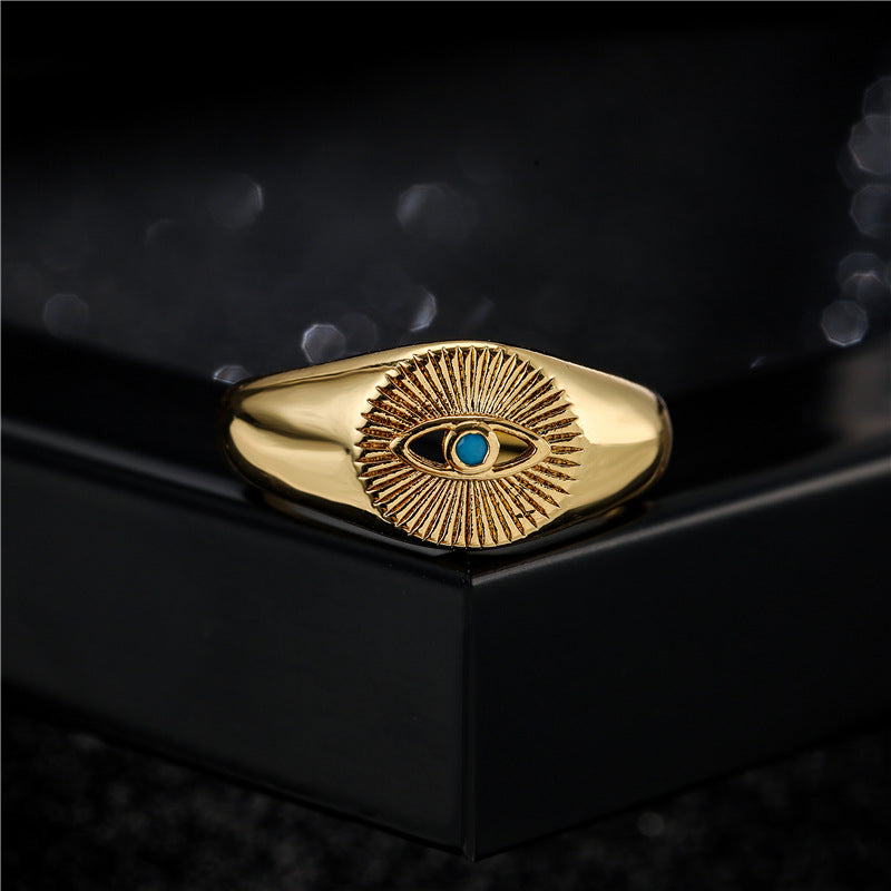 Geometric Eye-Shaped Open Ring for Women in Copper with 18K Gold Plating and Zircon Inlay