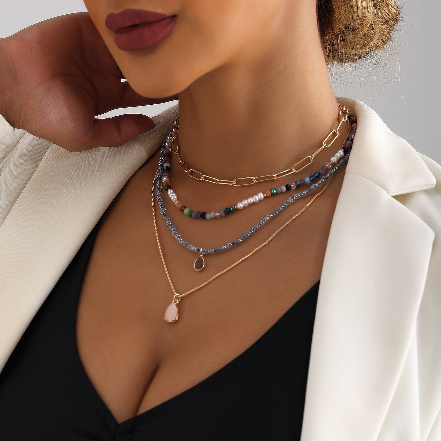 Bohemian Multi-Layer Beaded Necklace with Geometric Shape Alloy Pendant, Electroplated Finish, Fashionable Clavicle Chain for Women