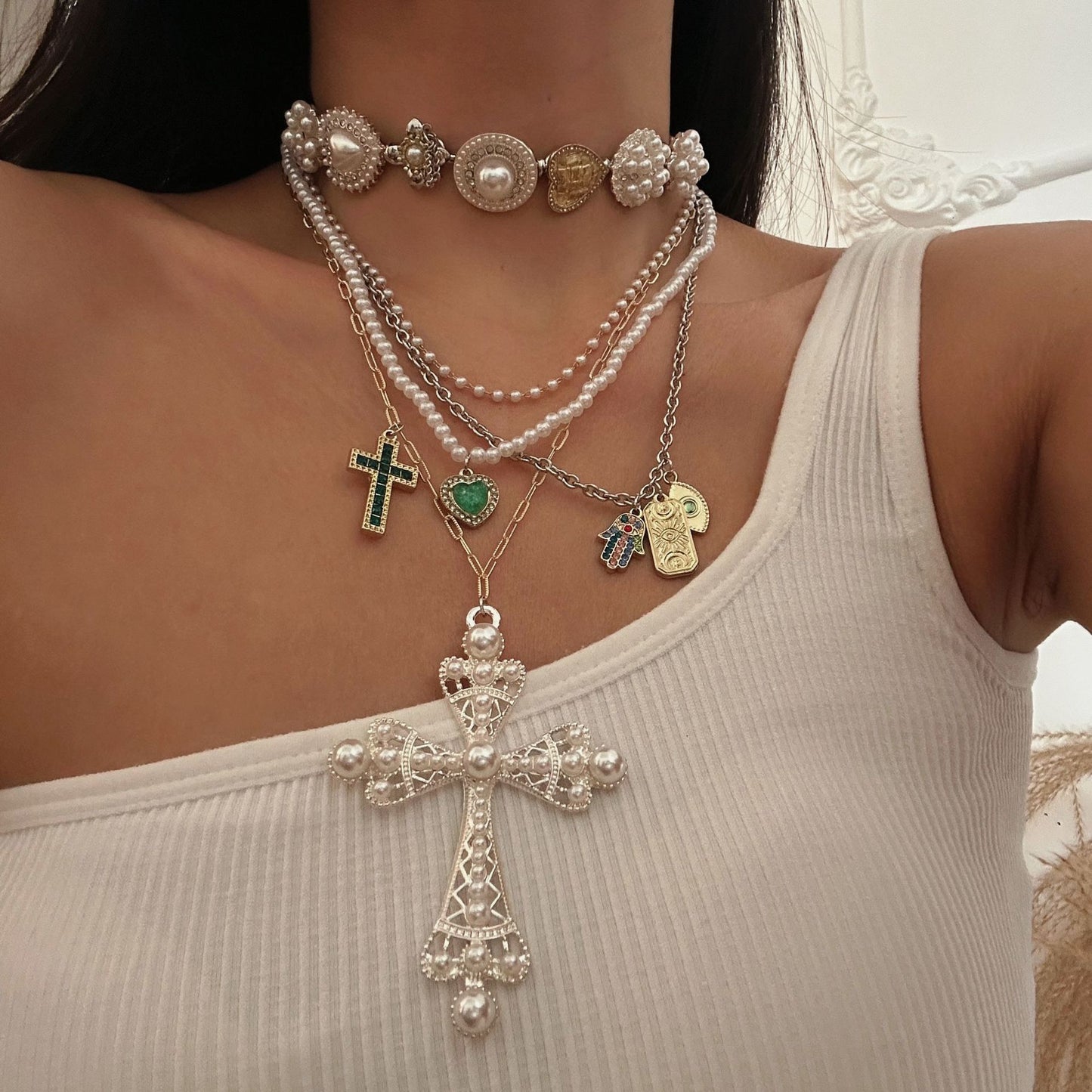 Collana multistrato da donna vintage dolce di lusso con cuore geometrico placcata in lega
