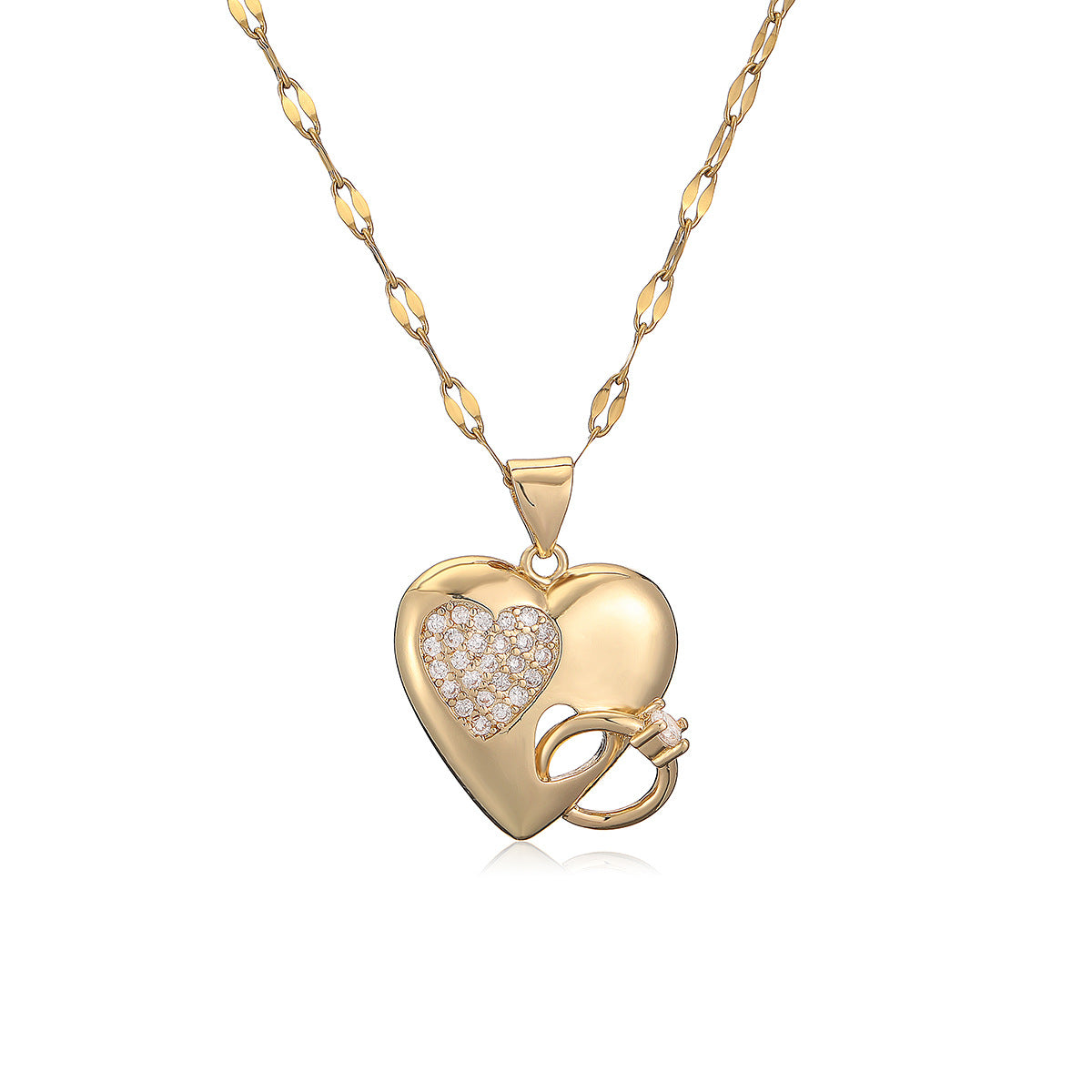 Collana con ciondolo a cuore minimalista in rame placcato oro 18 carati e intarsio in zirconi da donna