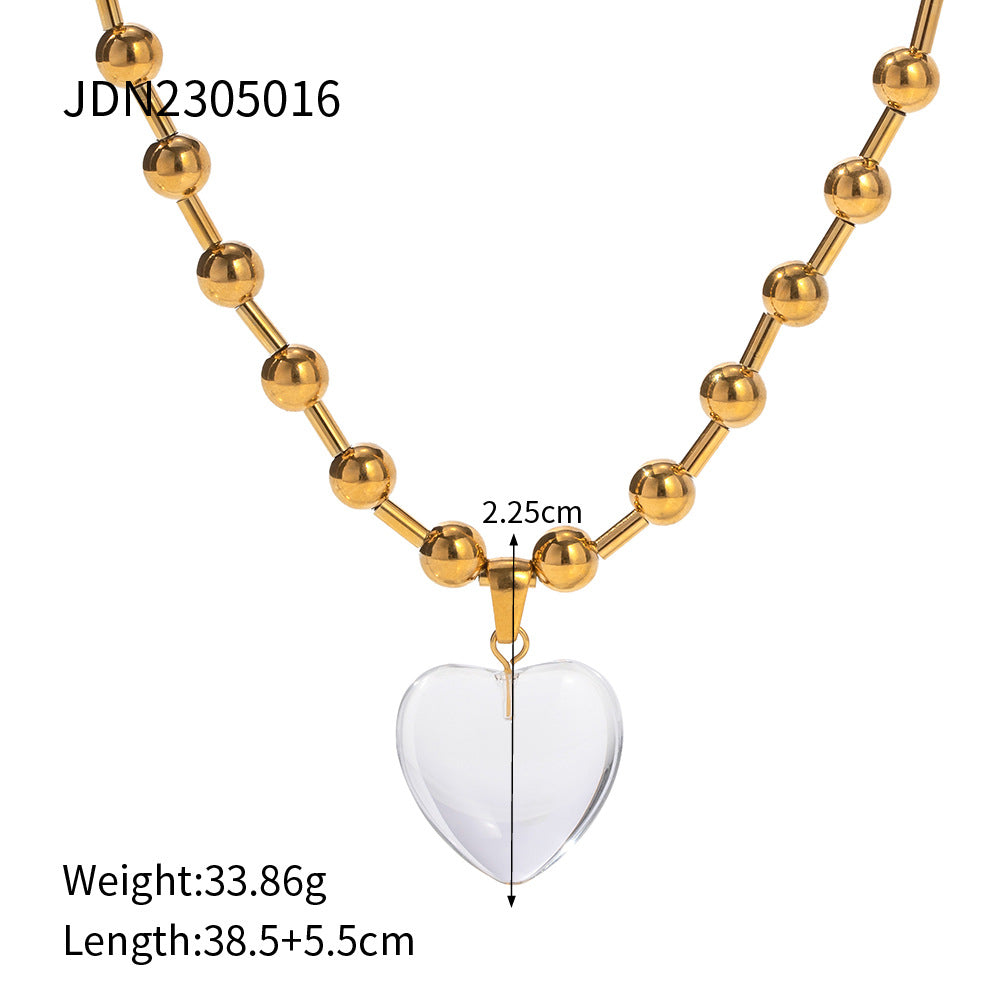Collana trendy con cuore geometrico in perline di vetro trasparente in acciaio inossidabile placcato oro 18 carati con catena a strati rotonda da donna