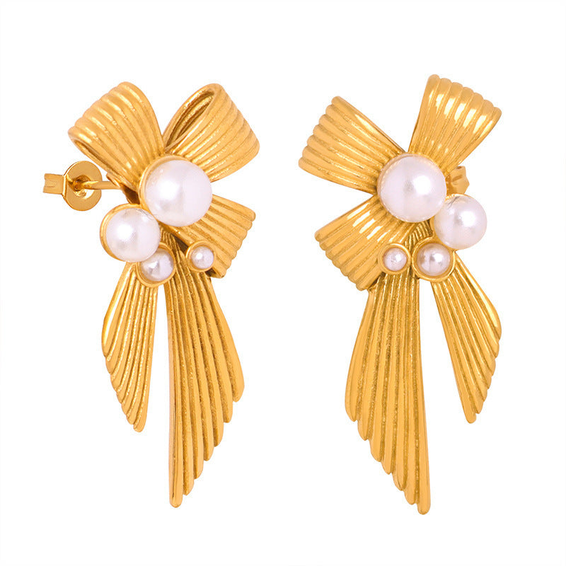 Minimalist Bow and Geometric Shape Zinc Alloy Earrings with Pearl Inlay for Women