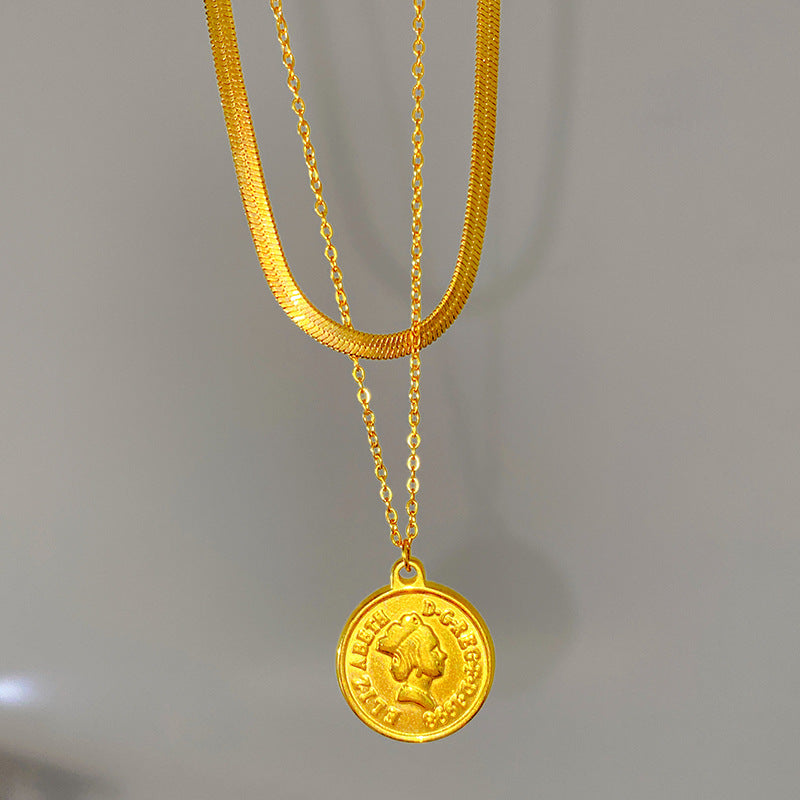 Sweet Streetwear Round Geometric Titanium Steel Plated Pendant Snake Chain Necklace for Unisex