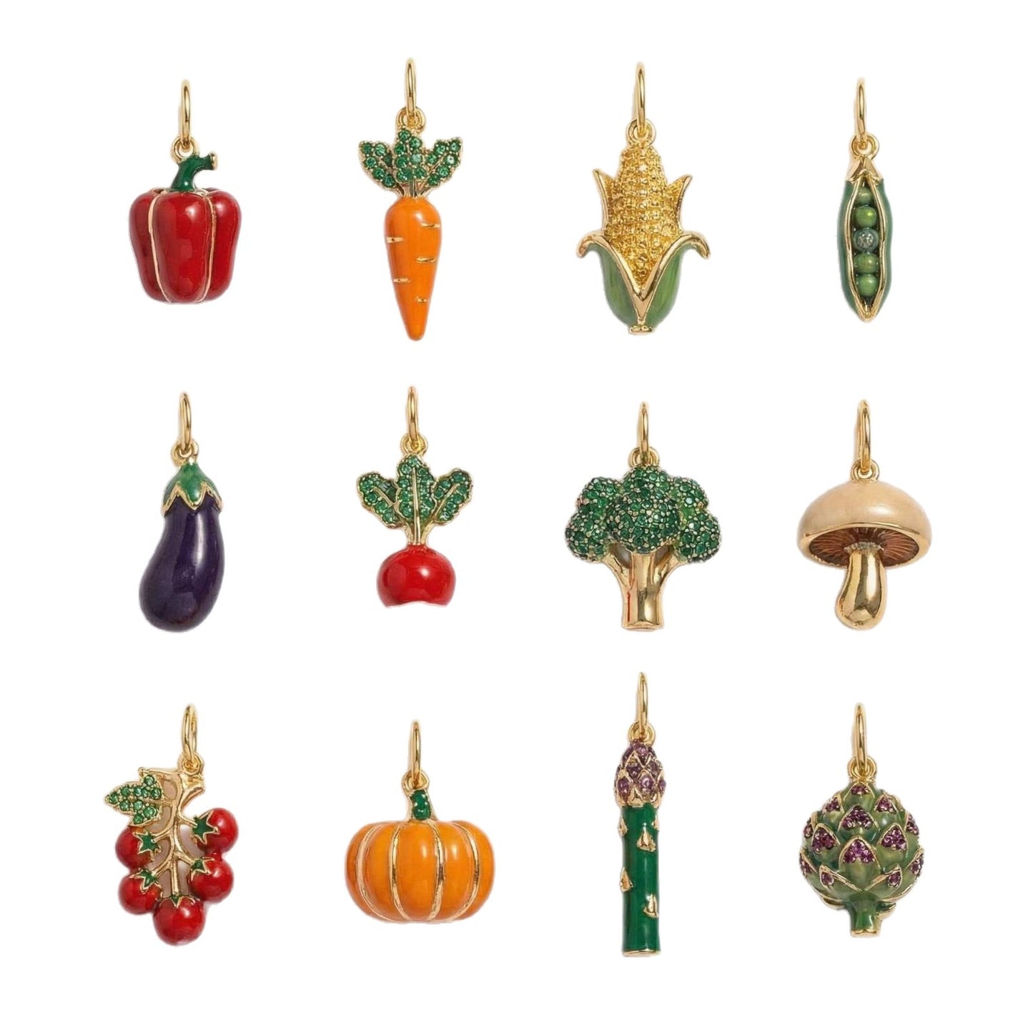 Ciondolo a barra vintage in ottone placcato oro 14K con zirconia cubica e olio a goccia a forma di frutta e verdura