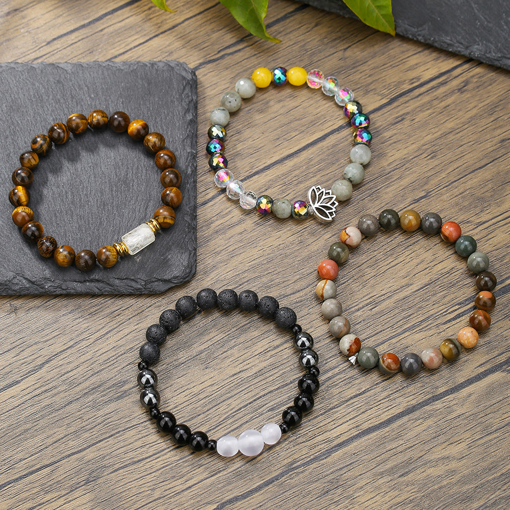 Casual Round Floral Gemstone Beaded Bracelet for Men and Women