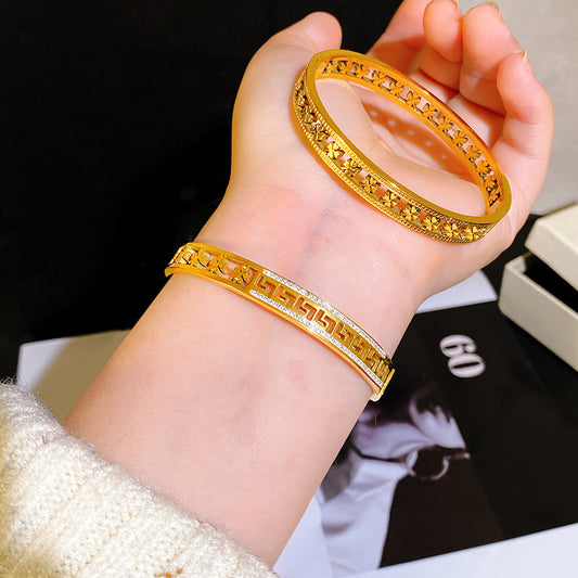 Luxury Paved Rhinestone Greek Key Hollow Clover Titanium Steel Bracelet for Women