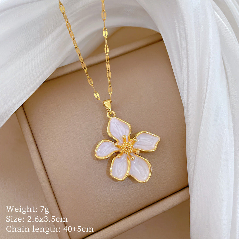 Sweet Drip Oil Floral Rhinestone Pendant Titanium Steel Necklace Cable Chain