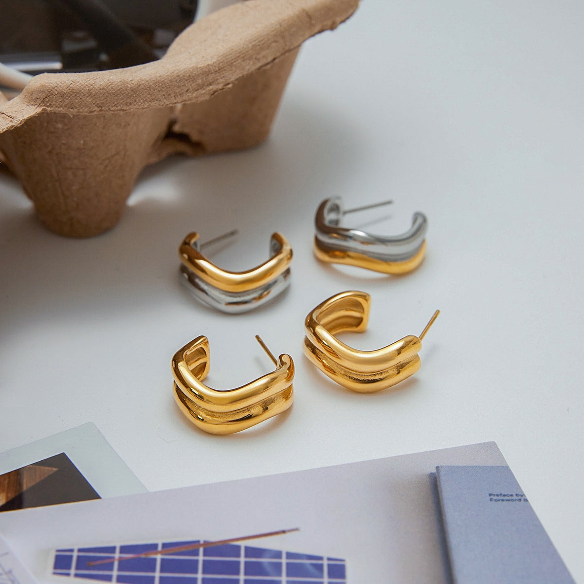 Minimalist Geometric C-Shape Stainless Steel Hoop Earrings with Titanium Steel Posts for Women