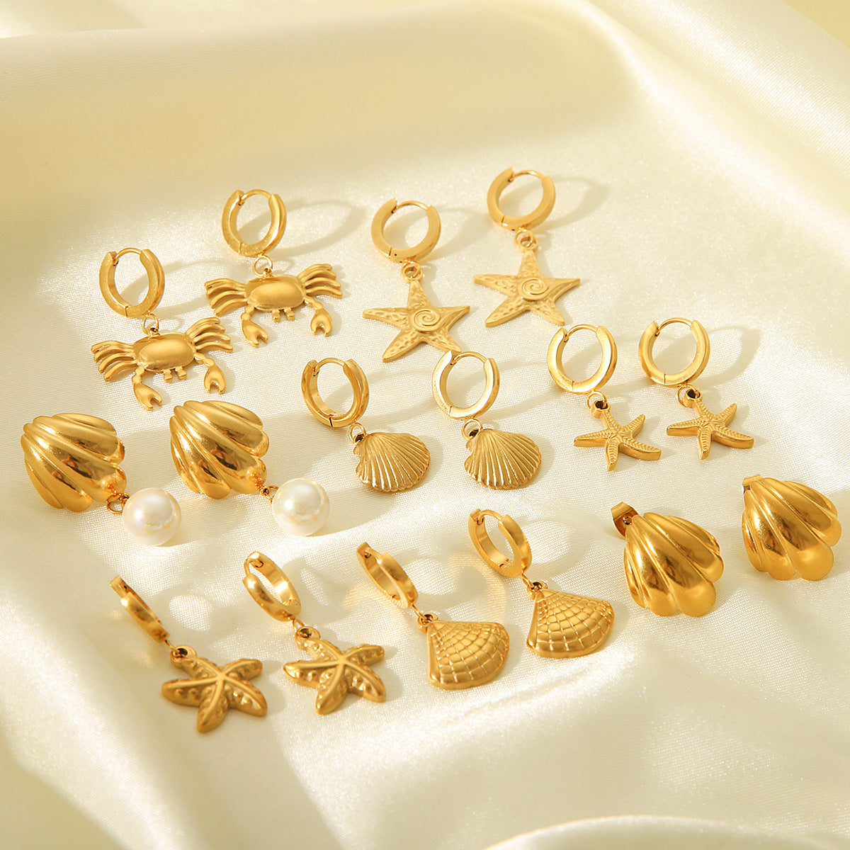 INS Style Crab and Starfish Shell-Shaped Earrings for Women in Titanium Steel with 18K Gold Plating