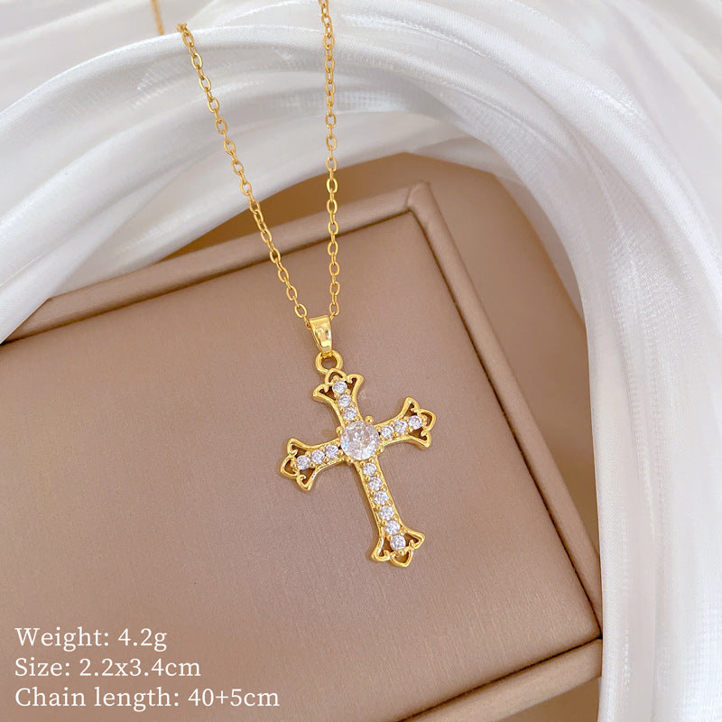 Minimalist Cross Pendant Necklace in Titanium Steel with Rhinestone Inlay for Women and Unisex, Delicate Clavicle Chain
