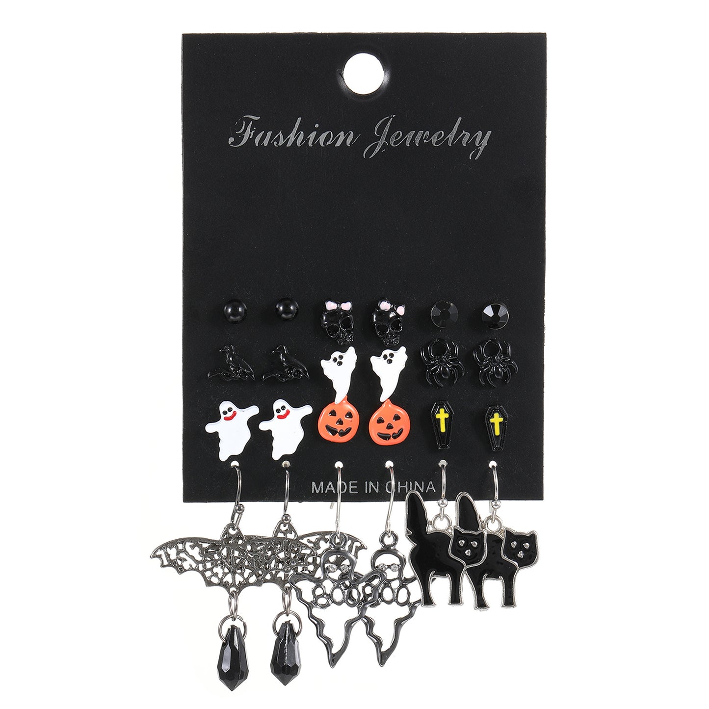 Orecchini a perno da donna a tema Halloween con corvo, strega, zucca e teschio, in lega di metallo galvanizzata, orecchini alla moda geometrici