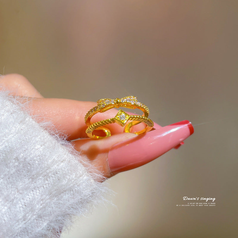 Anello da donna in ottone stile Kawaii con fiocco placcato in oro vero