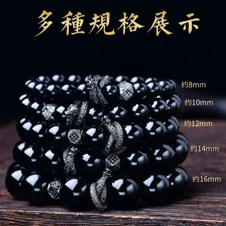 Bracciale Geometrico con Perline di Ossidiana Nera, Montatura in Rame e Accenti di Zirconi, Accessorio Moda Unisex per Donna e Uomo