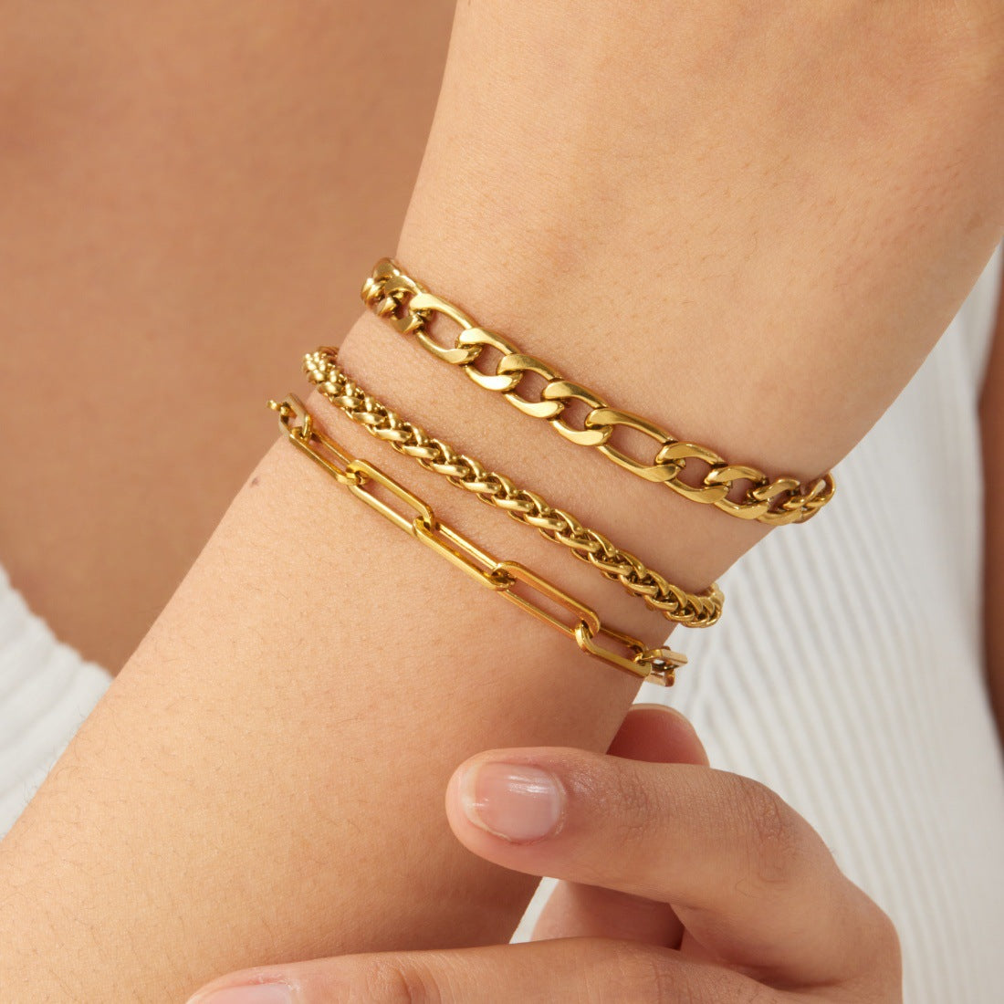 Minimalist Punk Gold Plated Stainless Steel Chain Bracelet Set