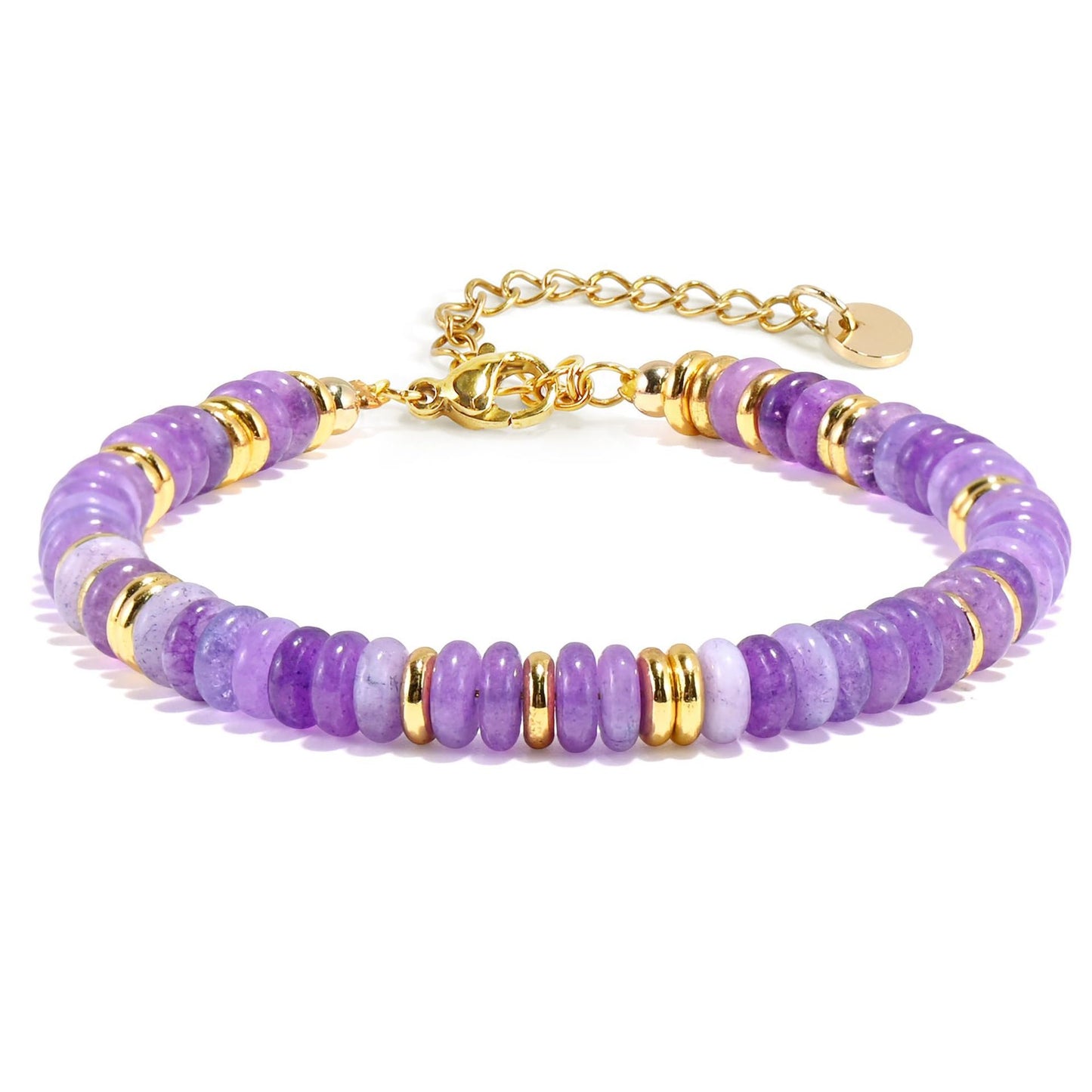 Fashion Geometric Round Natural Gemstone Beaded Bracelet with Gold Spacers and Lobster Clasp Adjustable Unisex Jewelry