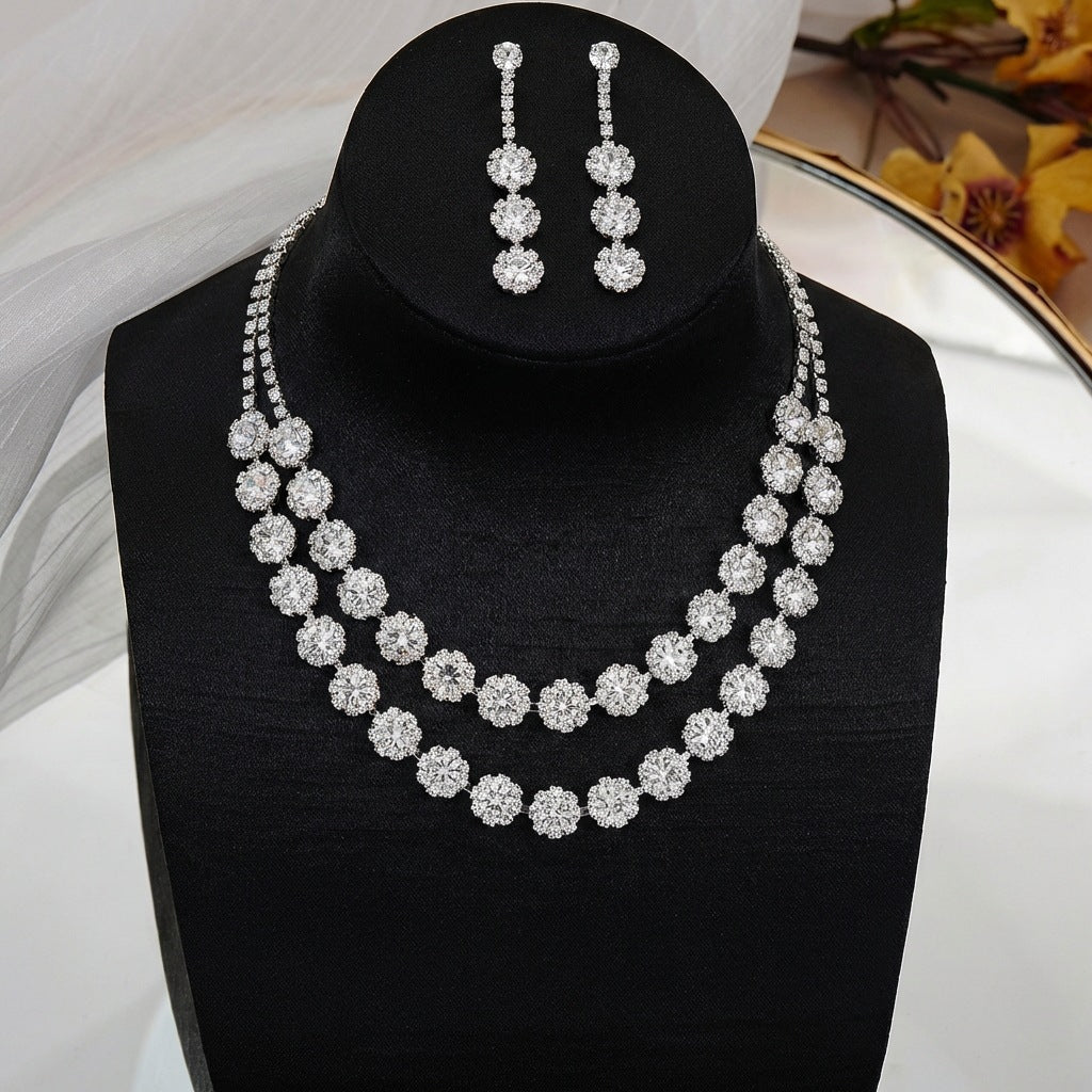 Vintage Elegant Full Rhinestone Inlaid Heart Teardrop Brass Necklace and Earring Set for Women