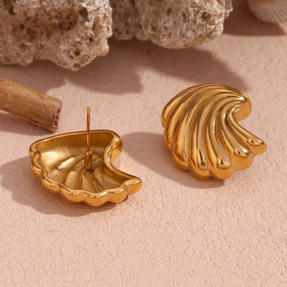 Orecchini Minimalisti a Onda Geometrica a Conchiglia in Acciaio Inossidabile con Placcatura in Oro 18K da Donna
