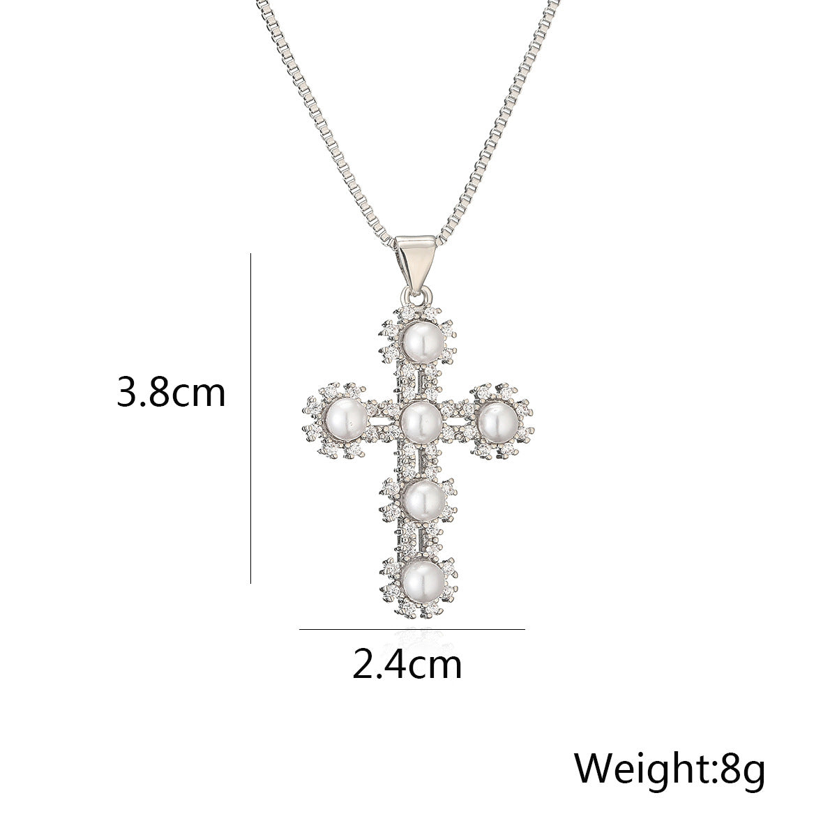 Minimalist Geometric Cross Pendant Necklace for Women with Copper Base Plated in Real Gold, Zircon and Pearl Inlay, Elegant Clavicle Chain