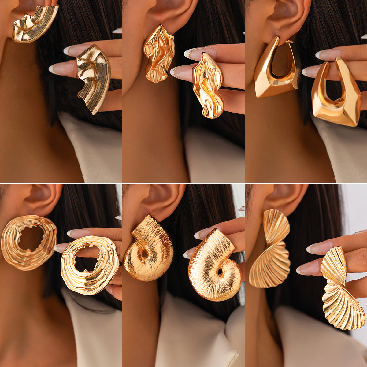 Pendientes de tuerca minimalistas geométricos irregulares con forma de concha de abanico, aleación chapada en oro con postes de acero inoxidable para mujer
