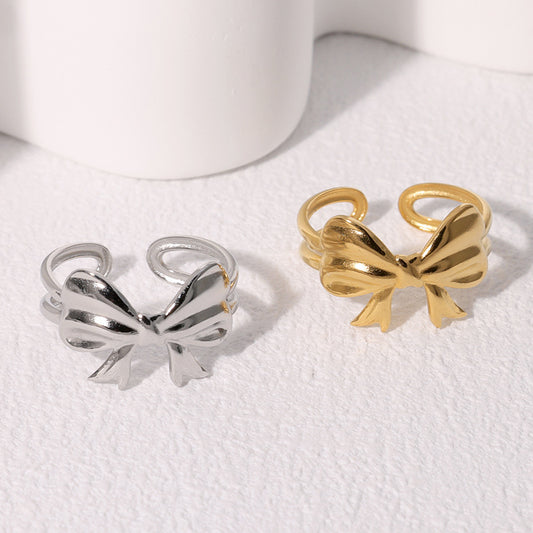 Anillo Minimalista de Acero Inoxidable con Forma de Lazo para Mujer con Baño de Oro, Diseño de Banda Abierta Ajustable