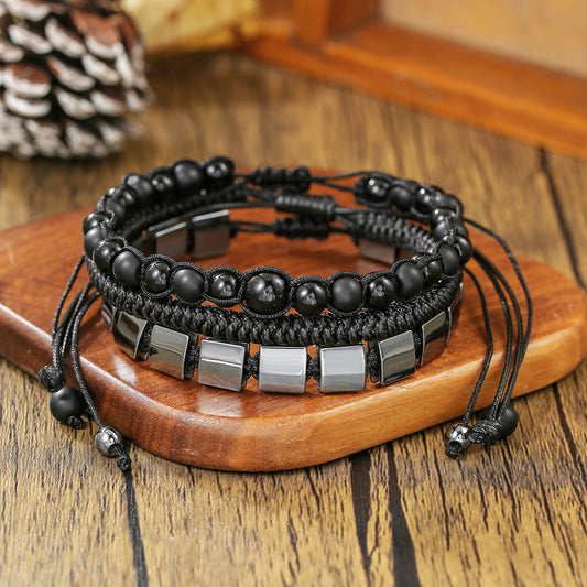 New Chinese Style Square and Round Hematite Handmade Beaded Bracelet for Men and Women