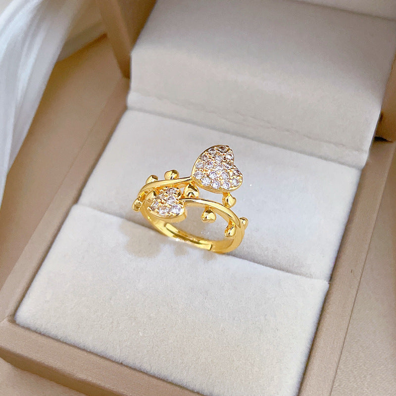 Sweet Gold Plated Heart Cubic Zirconia Adjustable Ring for Women and Men