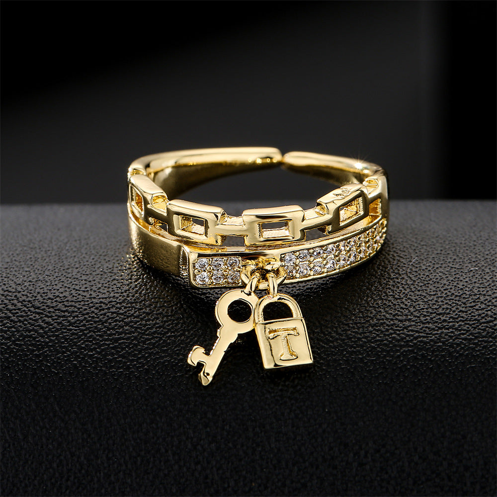 Geometric Open Key Lock Ring for Women in Copper with 18K Gold Plating and Micro-Pave Zirconia