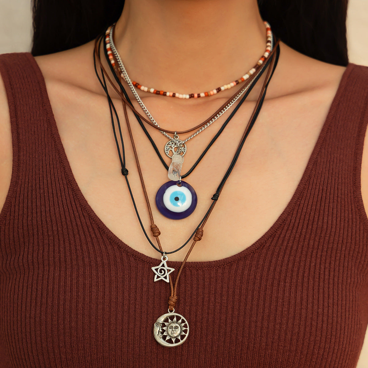 Vintage Bohemian Multi-Layer Necklace Set with Tree Pendant and Beaded Strands for Women