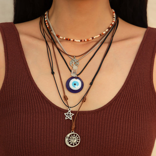 Vintage Bohemian Multi-Layer Necklace Set with Tree Pendant and Beaded Strands for Women