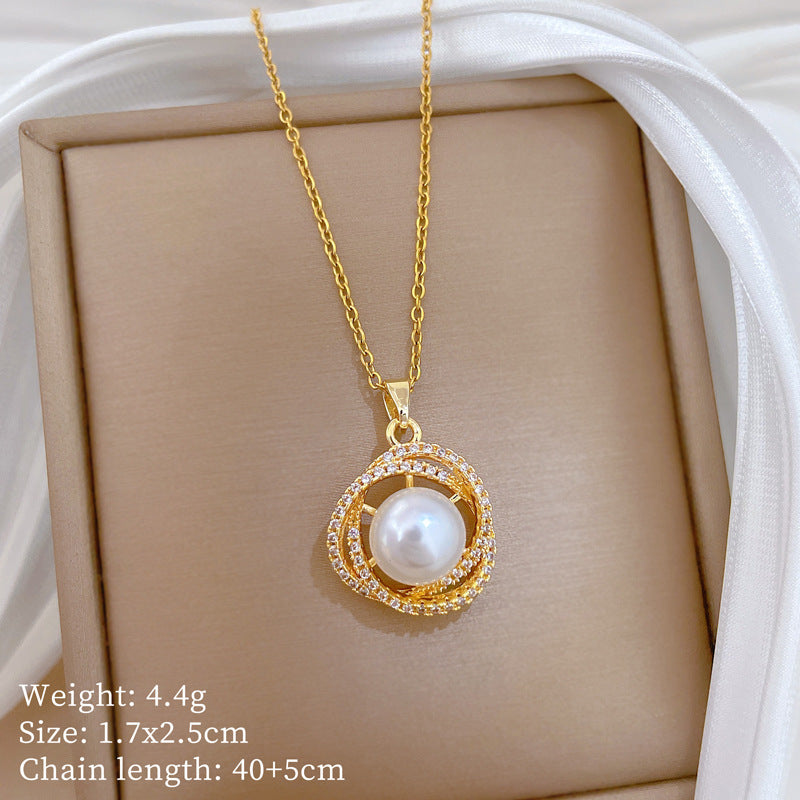 Sweet Luxury Geometric Moon Titanium Steel Necklace with Pearl and Cubic Zirconia for Unisex