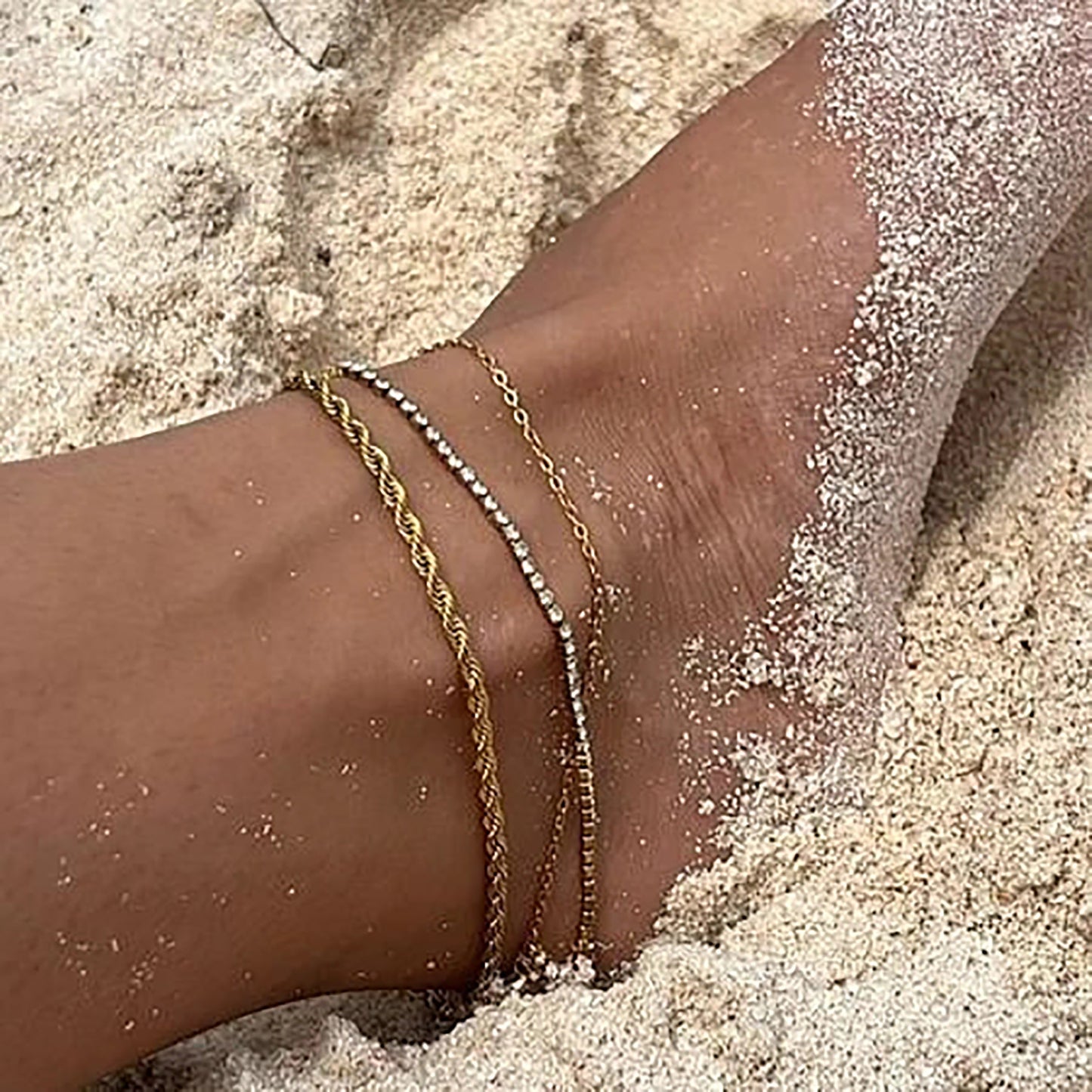 Minimalist Geometric Titanium Steel Anklet with Gold-Tone Twisted Chain for Women