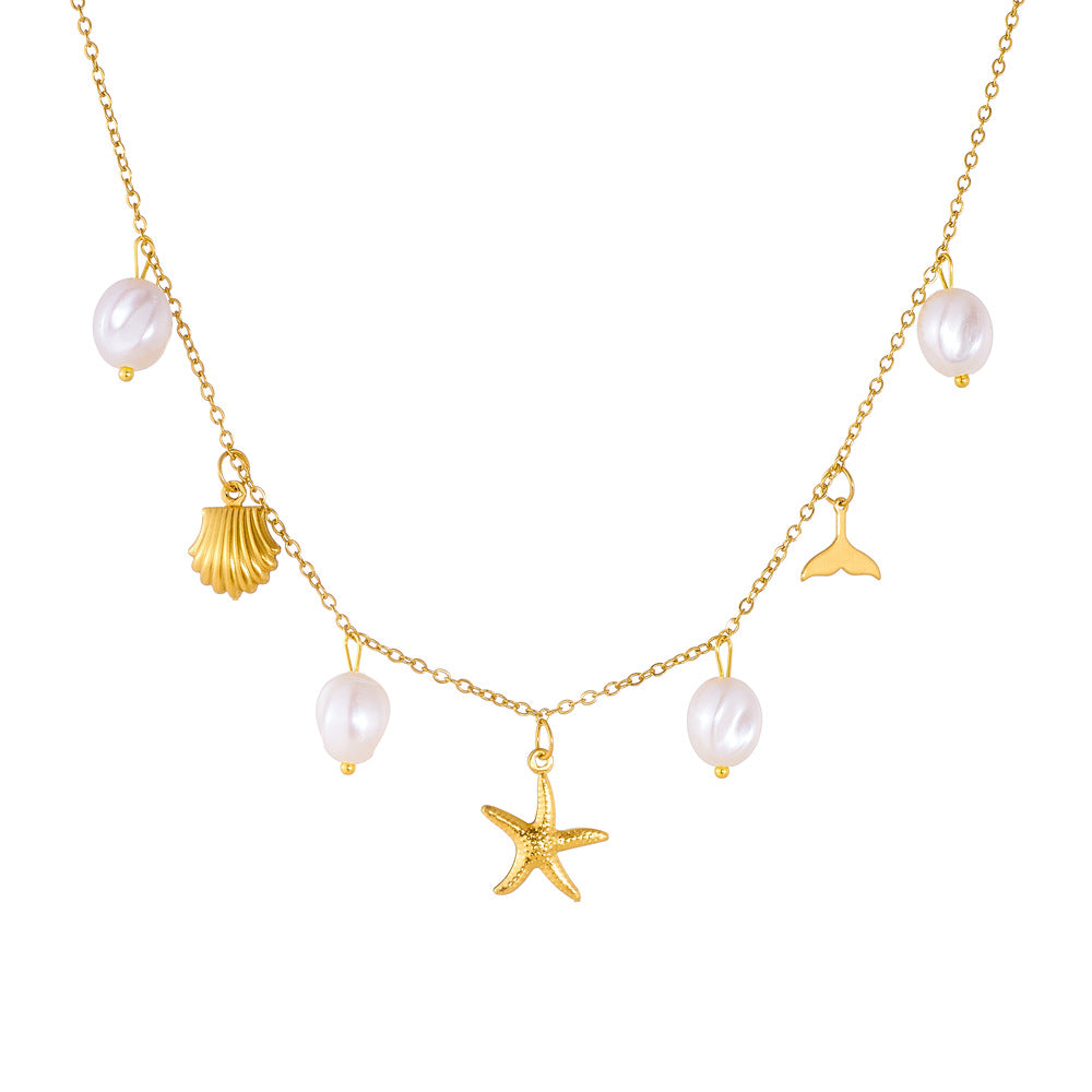 Minimalist Chic Gold Plated Irregular Starfish Mermaid Tail Seashell Pearl Pendant Stainless Steel Necklace for Women