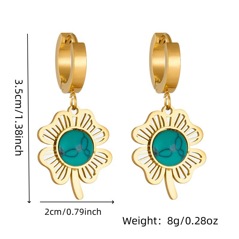 Vintage Elegant Fashionable Stainless Steel Plated Four-Leaf Clover Tree of Life Round Pendant Necklace Set with Earrings