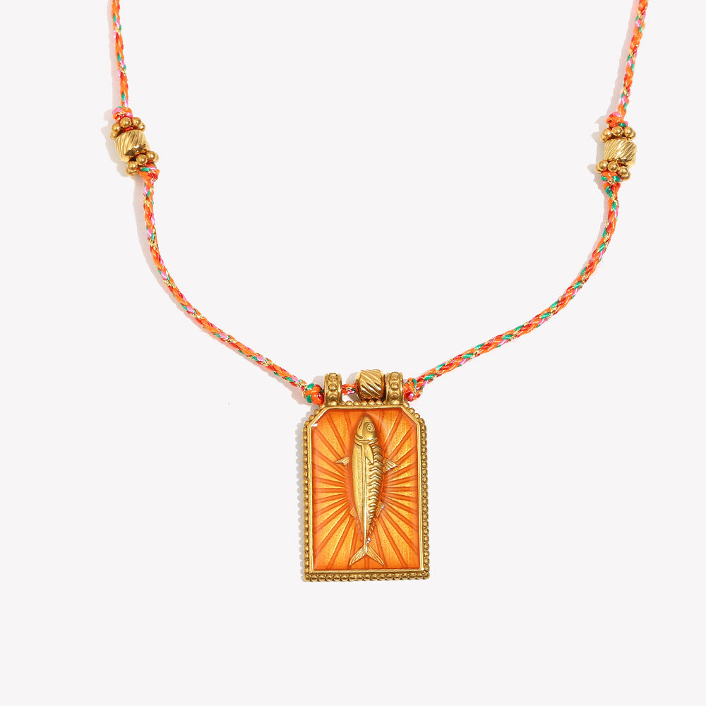 Minimalist Geometric Stainless Steel Plated 18K Gold Tuna Tarot Pendant Necklace for Women with Enamel Detail