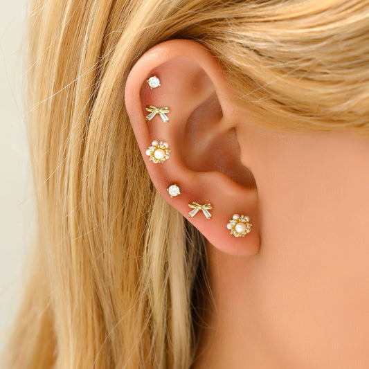 Pendientes de cobre minimalistas con forma de lazo y circonitas, con postes de acero inoxidable para mujer