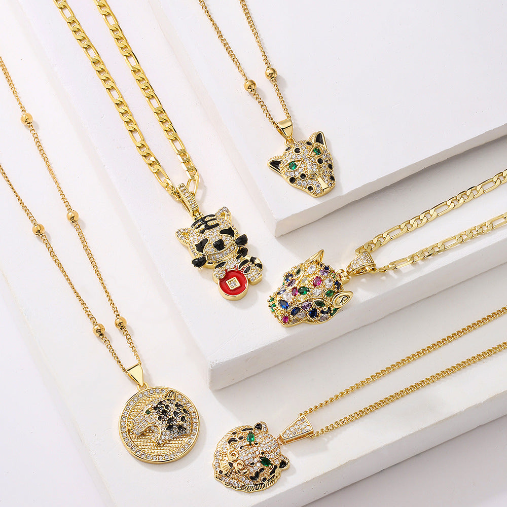 Ins Style Geometric Tiger Head Pendant Necklace for Women with Copper Base Plated in 18K Gold and Zircon Inlay