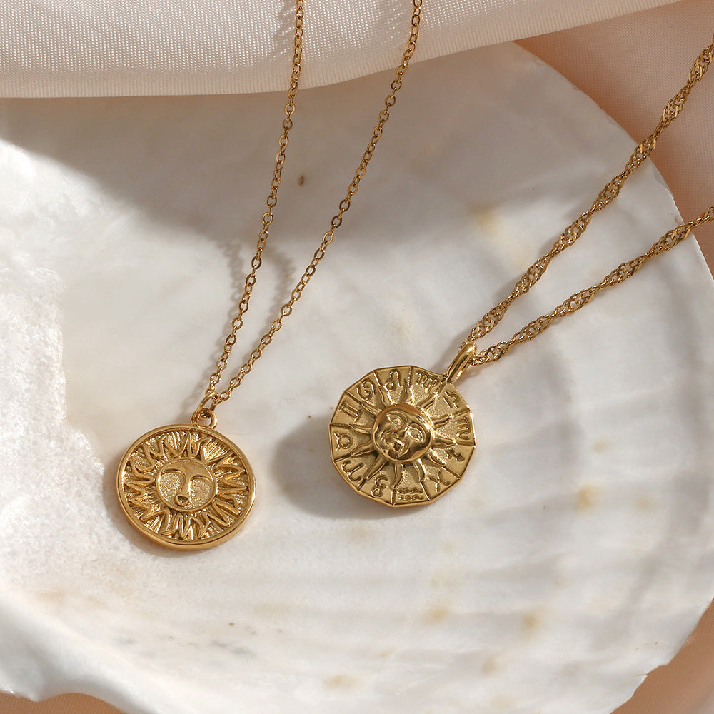 Vintage Fashion Sun Pendant Necklace with Zodiac Engraving in Stainless Steel with Plated Finish for Women