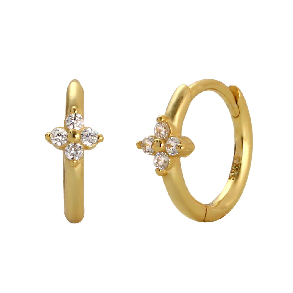 Orecchini a perno da donna in argento sterling S925 a forma di trifoglio minimalista con intarsio di strass