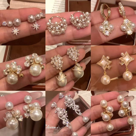 Vintage Elegant Geometric Star-Shaped Simulated Pearl and Zircon Earrings with Plated Steel Posts for Women
