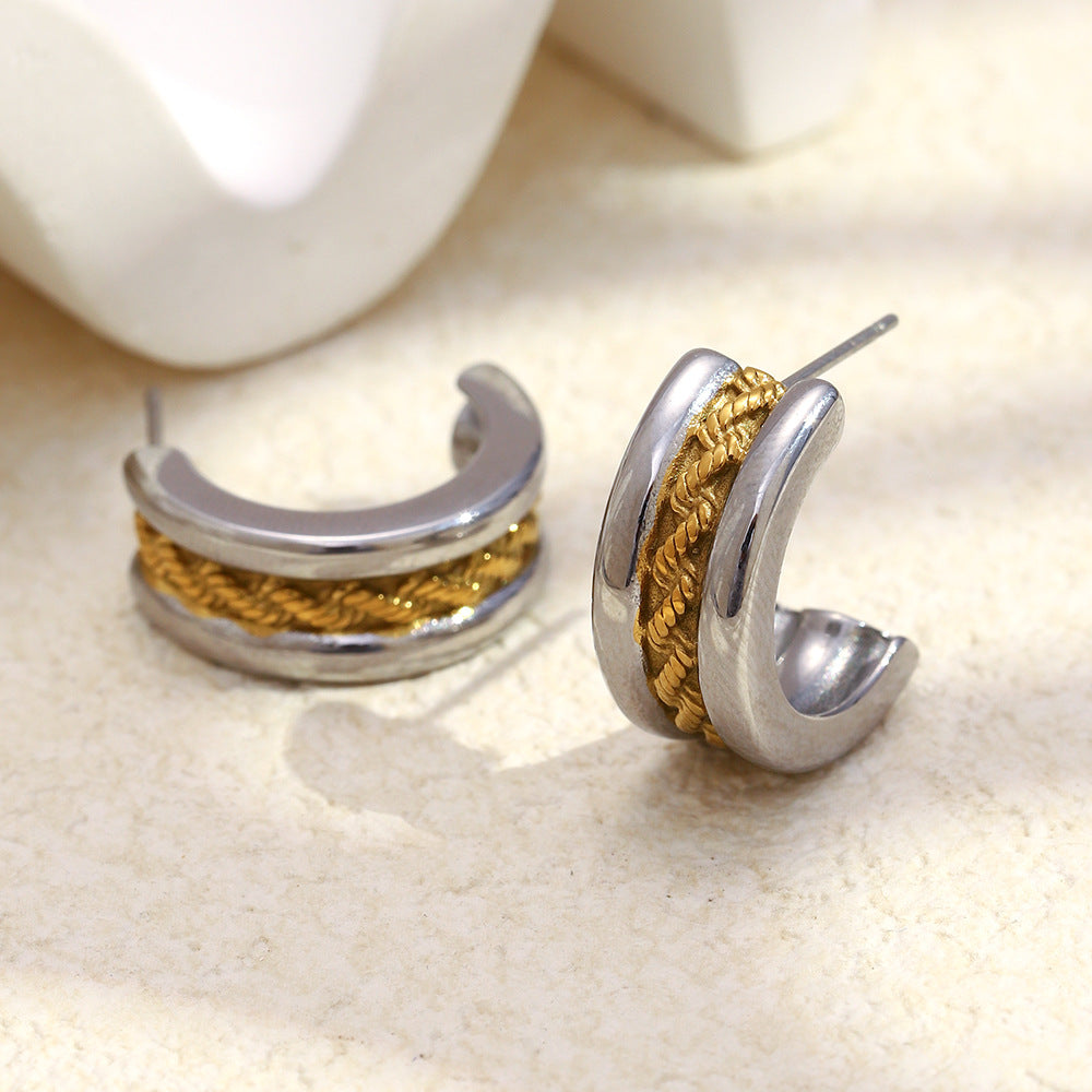 Elegant Luxury-Style Geometric C-Shaped Twisted Hoop Earrings for Women in Stainless Steel with 18K Gold Plating