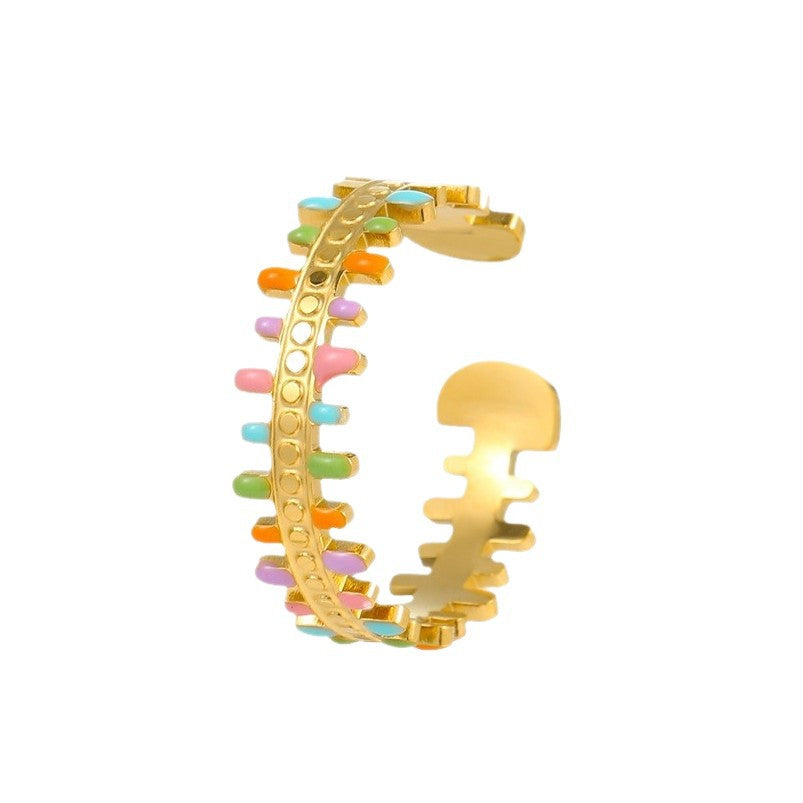 Anello da donna in acciaio al titanio con design geometrico di lusso, smalto a goccia e fascia regolabile aperta