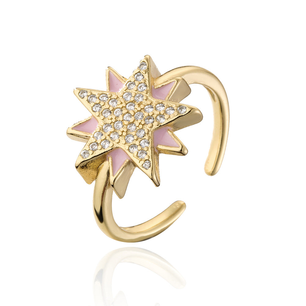 Cartoon Style Geometric Open Star Ring for Women in Copper with 18K Gold Plating and Cubic Zirconia Inlay