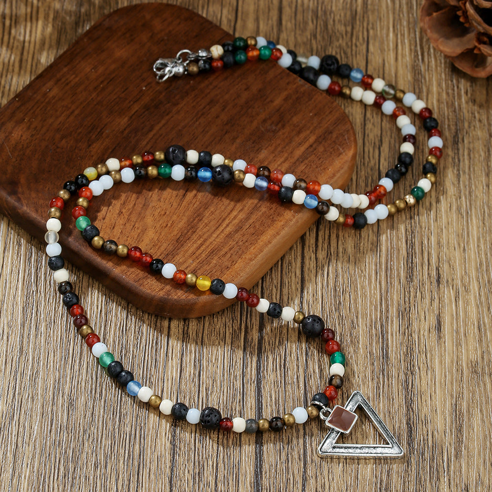Ethnic Colorful Glass Bead Triangle Geometric Pendant Leather Alloy Necklace for Men and Women