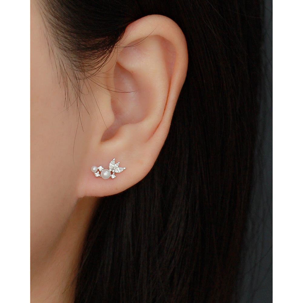 Sweet Elegant 925 Sterling Silver Geometric Round Oval Pearl Cubic Zirconia Stud Earrings for Women