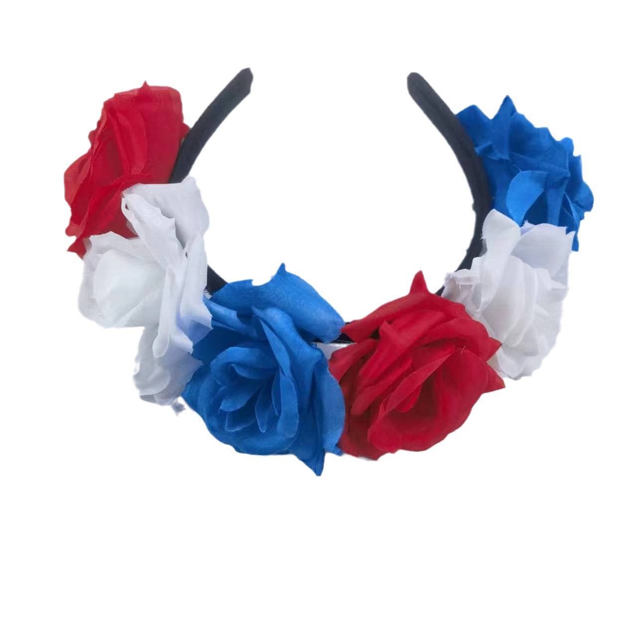 Cerchietto per capelli in tessuto con rose floreali simulato, rosso, bianco, blu, patriottico, per feste