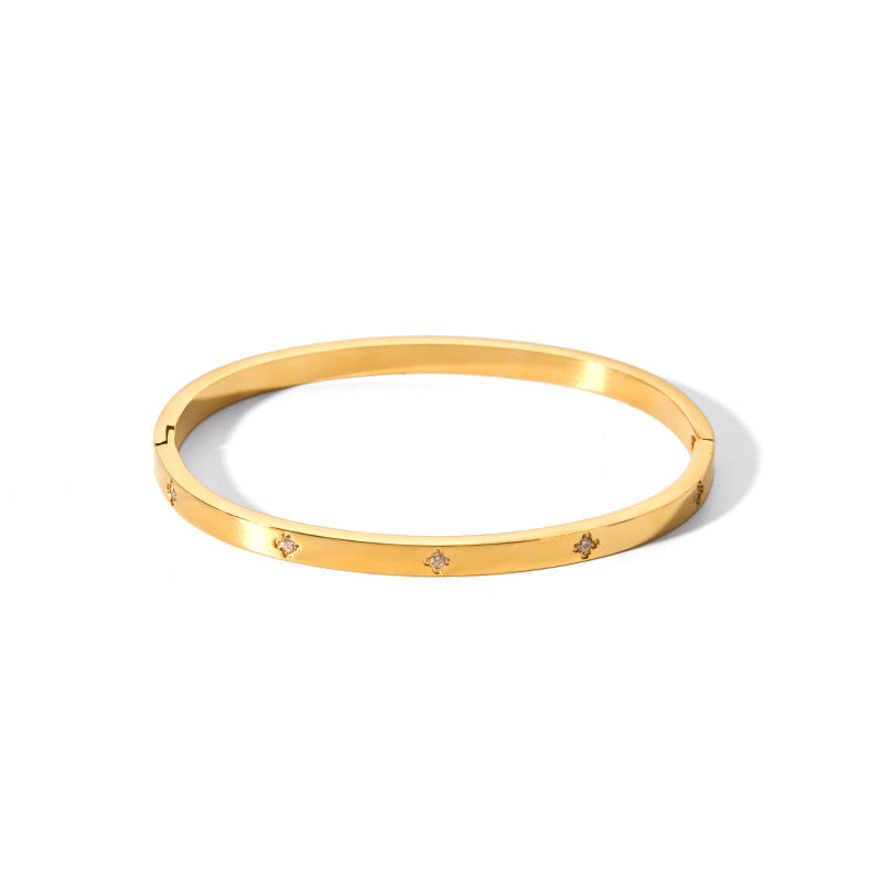Minimalist Geometric Gold-Plated Titanium Steel Cuff Bracelet with Zircon Accents
